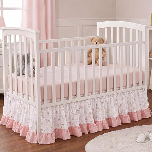 Hahafelt Pink Crib Skirt for Baby Girls & Boys, 28" x 52" with 14" Drop–100% Washed Cotton Dust Ruffle Bed Skirt, Soft Nursery Bedding, Fits Standard Toddler Cribs, Floral Farmhouse Decor
