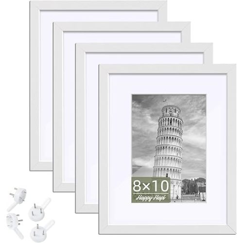 HappyHapi 8x10 Picture Frame, 4 Pack Photo Frame Display Pictures 5x7 with Mat or 8x10 Without Mat Multi Picture Frames Collage for Tabletop or Wall Display Gallery Frame (White)