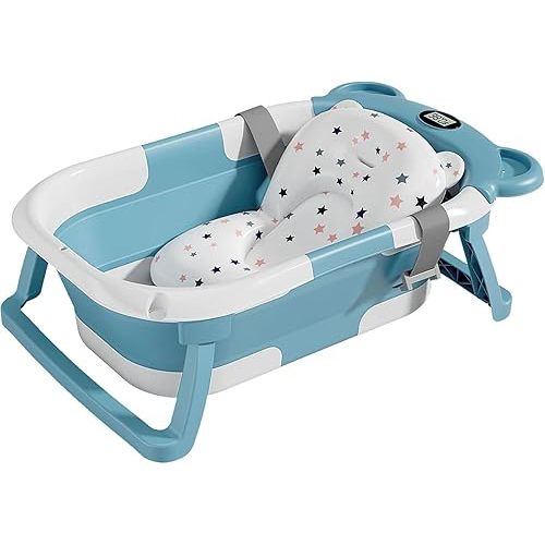 TPN Collapsible Baby Bathtub for Infants to Toddler with Real-time Temp Monitor+Floating Cushion,Foldable Baby Bath Tub Set Applicable 0-36 Month,Perfect Portable Travel Baby Tub for Newborns Boy