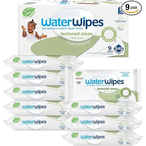 WaterWipes Plastic-Free Textured Clean, Toddler & Baby Wipes, 99.9% Water Based Wipes, Unscented & Hypoallergenic for Sensitive Skin, 540 Count (9 packs), Packaging May Vary
