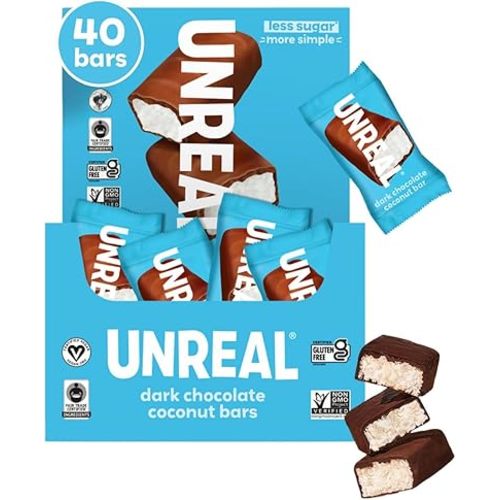UNREAL Dark Chocolate Coconut Bars (40 Mini Bars) | Vegan, 3g Sugar, & 3 Simple Ingredients | Non-GMO, Gluten Free, & Fair Trade | .53oz each