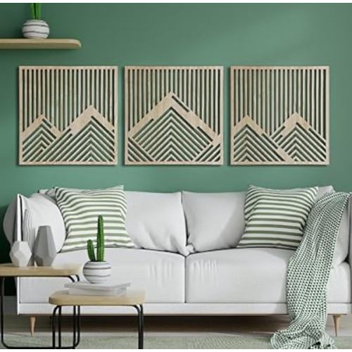 Geometric mountain wood wall art decor, 3 piece mountain wooden wall decoration, Large geometric wall art