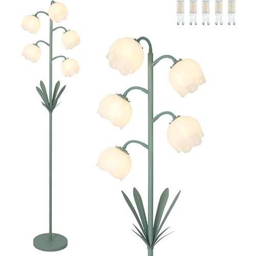 5-Lights Flower Floor Lamp with LED Blubs, Green Modern Floor Lamps for Living Room, Adjustable Standing Lamps for Bedroom Reading, Corner Tall Lamp Tree Stand Up Lamp for Office Home Decor