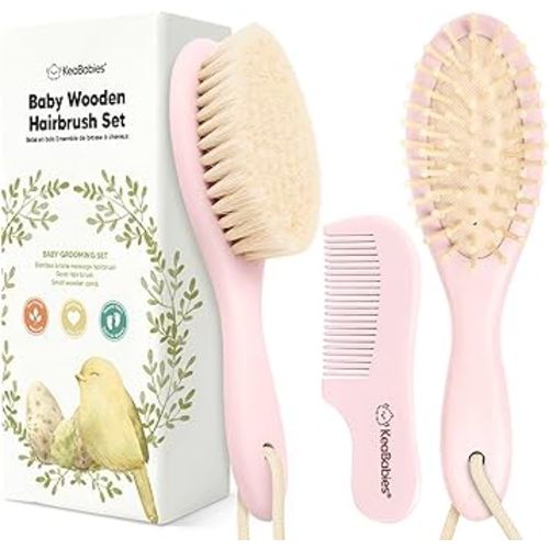Baby Hair Brush and Comb Set for Newborn - Wooden Baby Hair Brush Set with Soft Goat Bristle, Baby Brush Set for Newborns, Baby Brush and Comb Set Girl, Boy, Toddler Cradle Cap Brush (Oval, Blush)