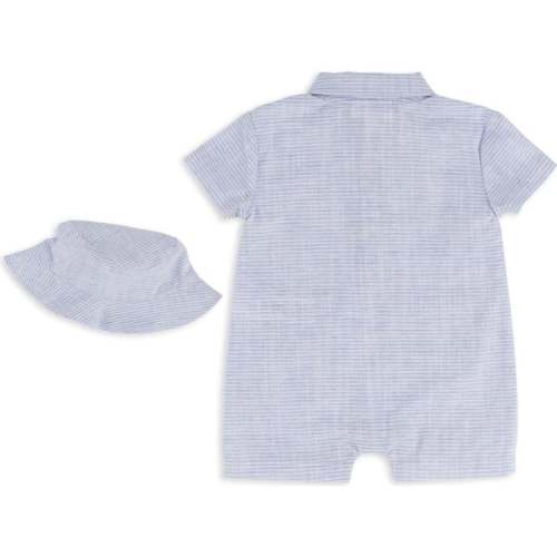 Woven Stripe Romper & Hat Set, Blue - Miniclasix | Maisonette