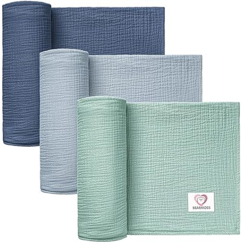 Bearmoss Muslin Swaddle Blankets 100% Cotton Baby Swaddle Blankets 45x45in, Super Soft Breathable Receiving Blankets for Unisex Baby Boys Girls (3Pack Indigo Tree)