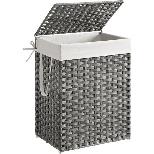 SONGMICS Laundry Hamper with Lid, 23.8 Gallon (90 L) Synthetic Rattan Clothes Laundry Basket with Lid and Handles, Foldable, Removable Liner, Dove Gray ULCB51WG