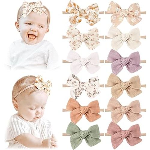 Niceye Baby Headbands and Hairbands Set - 12 Packs of Stretchy Nylon Handmade Hair Accessories for Newborns, Infants, and Toddler Girls