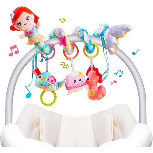 Koty Carseat Toys Hanging, Blue Mermaid Stroller Toys for Babies 0-6 Months, Baby Car Seat Toy with Crinkle, Teether, Music Box, Rattle, BB Squeaker for Babies Boys Girls Gifts (Blue Mermaid)