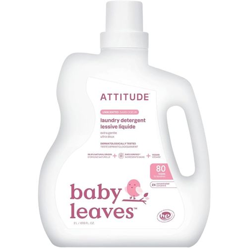 ATTITUDE Baby Laundry Detergent Liquid, EWG Verified, Safe for Baby Clothes, Infant and Newborn, Vegan and Naturally Derived Washing Soap, HE Compatible, Unscented, 80 Loads, 67.6 Fl Oz