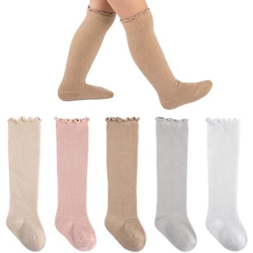 Baby Knee High Socks Girls Newborn Toddlers Cotton Long Tube Ruffle Socks Infant Stockings Dress Sock,5 Pair