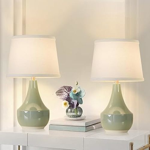GyroVu Table Lamp Set of 2, 18.63" Ceramic Classic Beside Lamps for Living Room, Bedroom & Office - Rocker Switch - Sage Green LED Bulbs Included