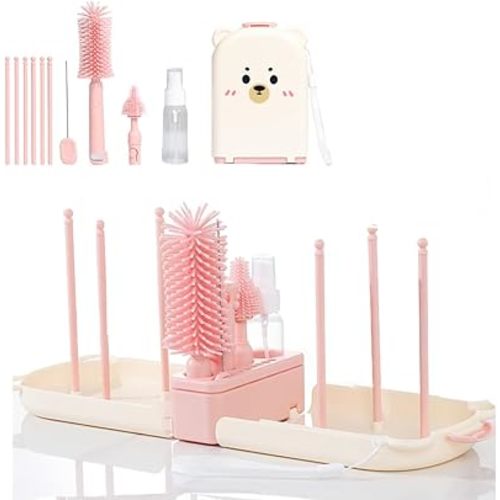 6 In1 Baby Bottle Brush Kit,Portable Silicone Bottle Brush Cleaner Set with Straw Brush,Nipple Brush,Drying Rack,Soap Dispenser,Storage Bag for Travel or Home (Pink)