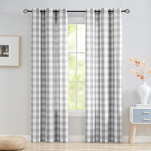 Jubilantex Grey White Buffalo Check Semi Sheer Curtain Panels Gingham Plaid Textured Curtains Drapery,Farmhouse Grommet Window Drapes for Living Room Bedroom Kids Room,2 Panels,40"x84"