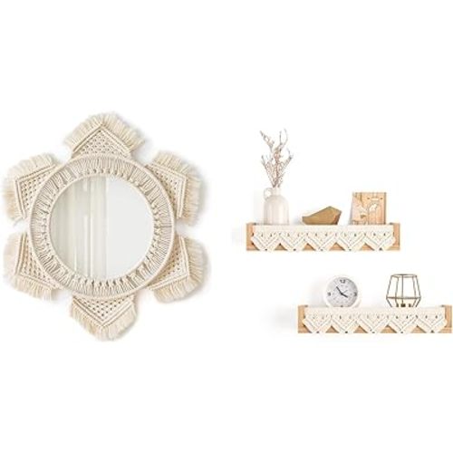 Mkono Floating Shelves Hanging Wall Mirror Boho Decor with Macrame Fringe for Nursery Bedroom Bathroom Living Room Dorm, Set of 3
