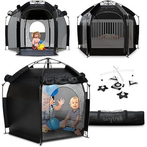 TinyTrek Baby Crib Tent - Breathable Crib Canopy Blackout Tent w/Hanging Toy, Travel Bag for Toddler Blackout Pack N Play Cover - On The Go Dome, Safety Baby Camping Kid Sleep Pod for Indoor Outdoor