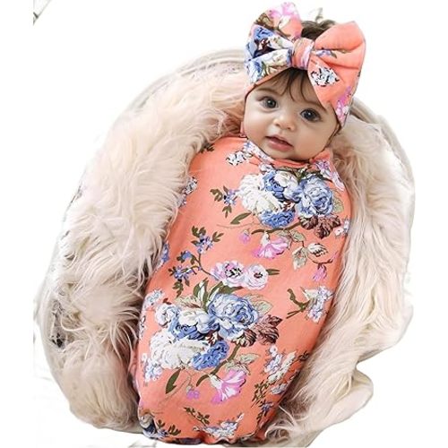 Galabloomer Newborn Receiving Blanket Headband Set Baby Flower Rose Swaddle with Big Bow (Orange)