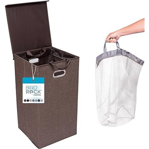 Laundry Hamper with Lid | Removable mesh bags | Single Compartment Clothes Hamper | Brown