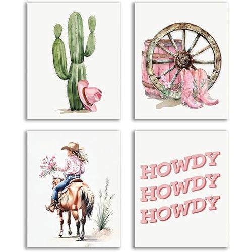 GMLXCX Western Cowgirl Canvas Wall Art, Watercolor Pink Cowboy Hat Cactus Desert Wall Art Prints for Cowgirl Nursery Kids Room Girls Room Dorm Decor Set of 4 (8" x 10", Unframed)