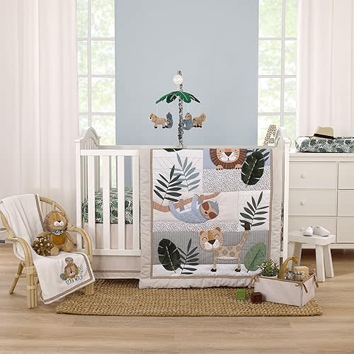 NoJo Jungle Paradise 4 Piece Nursery Crib Bedding Set - Comforter, 100% Cotton Fitted Sheet, Crib Skirt, and Storage Caddy