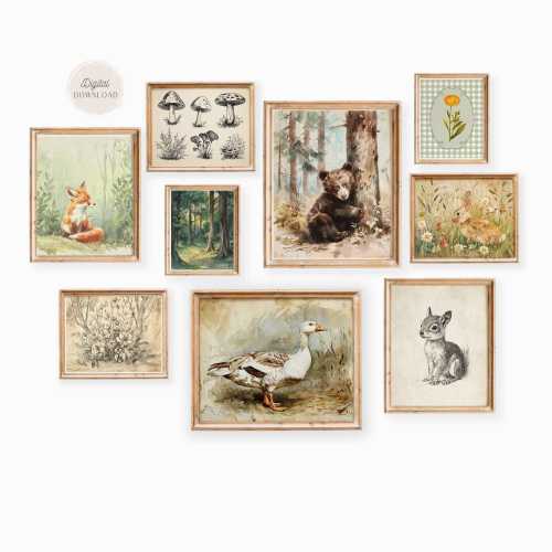 Vintage Nursery Gallery wall art, Woodland nursery artwork, Antique Forest Animals Prints, Set of 9 printable, Cottagecore Decor, Boy Girl