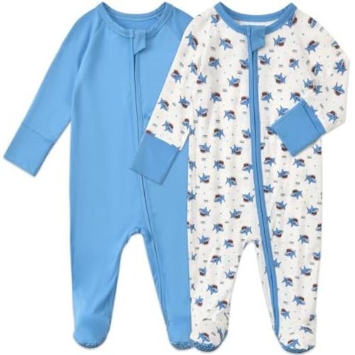 Baby Footed Pajamas with Mittens Rayon from Bamboo 2pcs Newborn Infant 2-way Zipper Pjs Cute Sleeper Outfit
