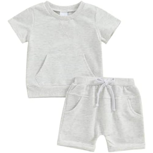 Ledy Champswiin Baby Boy Girl Summer Outfits Toddler Solid Color Clothes Pocket Shorts and Top Set