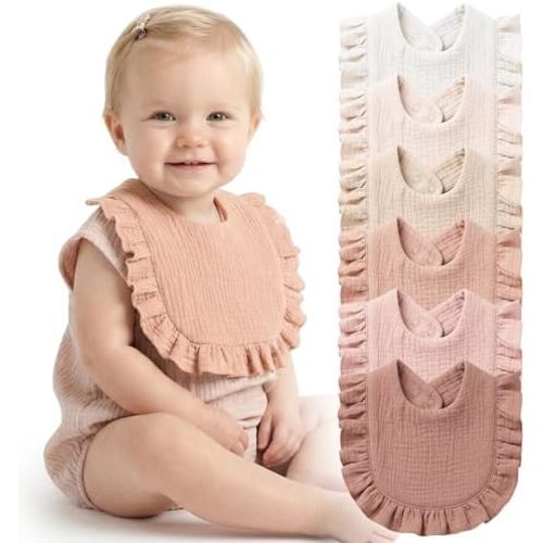 Konssy 6-Pack Muslin Baby Bibs for Girls, Soft 100% Cotton Drool Bibs with Ruffle Trim, Adjustable Infant Feeding Bibs