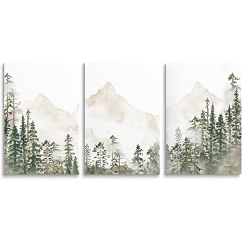SKYSUKEY Foggy Forest Wall Art Woodland Nursery Wall Decor Netural Wall Art Wild Watercolor Nature Nursery Decor Mountain Wall Art Green Canvas Prints for Bedroom Living Room Nursery Room, Home Office Decor, Framed Canvas Wall Art, Set 3, 16"x24"