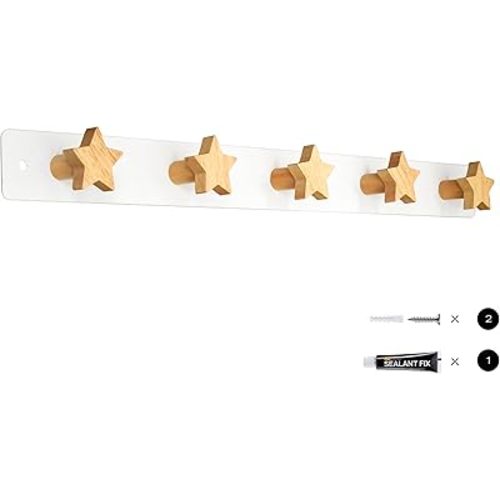Wall Mounted Wooden Coat Rack for Kids, Wall Mounted Backpack Hanger, Towel Rack with 5 Cute Hooks (Star-1pc)