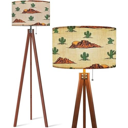 Wood Tripod Floor Lamp Western Theme Seamless Cactus Cowboy Seamless Repeat Design Boho Modern Standing Lamp Linen Lampshade Dimmable Tall Lamp Mid Century Floor Lamp for Living Room Bedroom