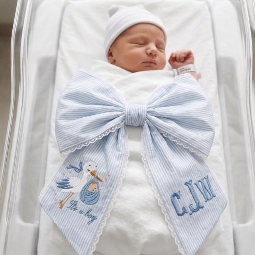 Personalized Baby Boy Hospital Bow, Newborn Announcement Bow, Custom Baby Name Bow, It’s A Boy Bassinet Bow, Blue Stork Baby Shower Gift