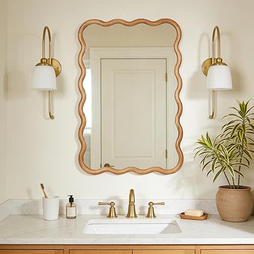 WallBeyond 24"x36" Wavy Wood Mirror, Natural Wood Boho Accent Wall Mirror with Wooden Frame, Decorative Wall Mounted Mirror for Horizontal or Vertical Hanging in Bathroom, Bedroom, Living Room