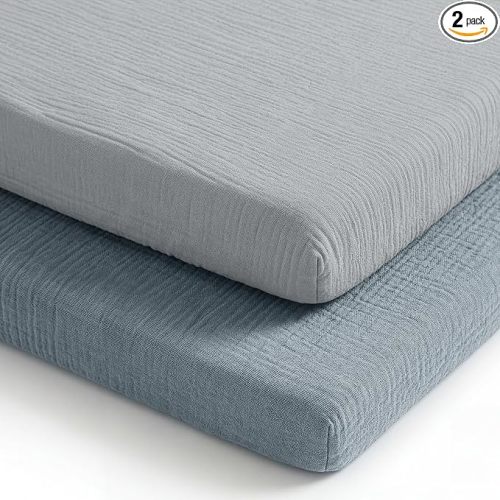 Comfy Cubs Muslin Cotton Bassinet Sheets 2 Pack, Pacific Blue and Heather – Soft, Breathable, 100% Muslin Bassinet Sheet, Gentle for Baby’s Sensitive Skin - Universal Fit, Beautiful Gift-Ready