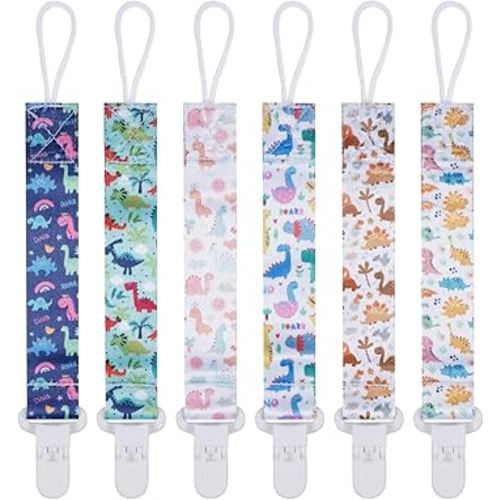 Baby Pacifier Clip,Paci Leash Binky Clips for Baby Boys and Girls,Newborn Essentials,Pack of 6 Gift Set. (Dinosaur)