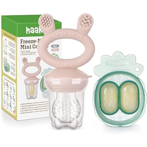 Haakaa Baby Fruit Food Feeder & Mini Freezer Nibble Tray Combo, Breastmilk Popsicle Molds for Baby Cooling Relief, BPA Free Silicone Feeder for Safe Infant Self Feeding, 4 Month+ (Blush)
