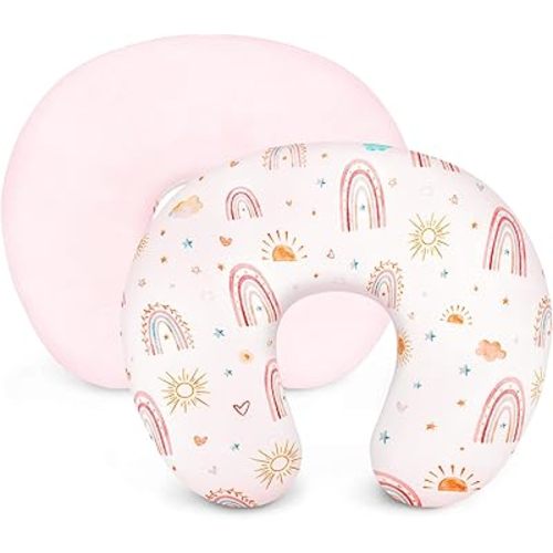 Nursing Pillow Cover, Minky Removable Nursing Pillow Cover for Breastfeeding Pillows, Super Soft Comfortable Slipcover for Boy and Girls, Sunshine & Rainbow (Pink)