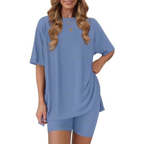 RUBZOOF Women's 2 Piece Lounge Sets 2026 Casual Summer Airport Travel Outfits Oversized Shirts Biker Shorts Matching Clothing
