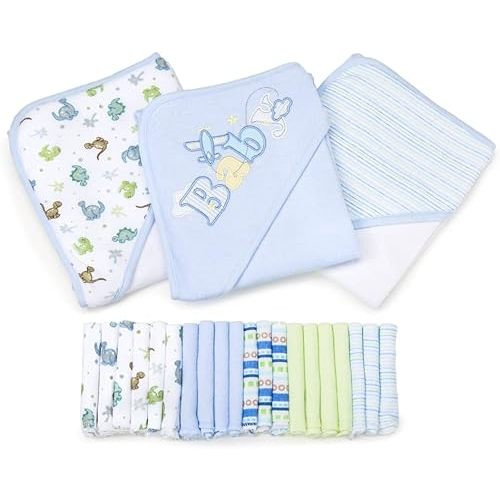 Spasilk Bath Hooded Towels & Washcloths Set for Babies, 23-Piece Gift Set, Blue