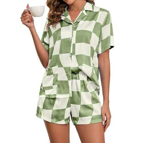 Brosloth Womens Silk Pajamas Summer Short Sleeve Floral Print Plaid Button Up Satin Pjs Set Loungewear Sets