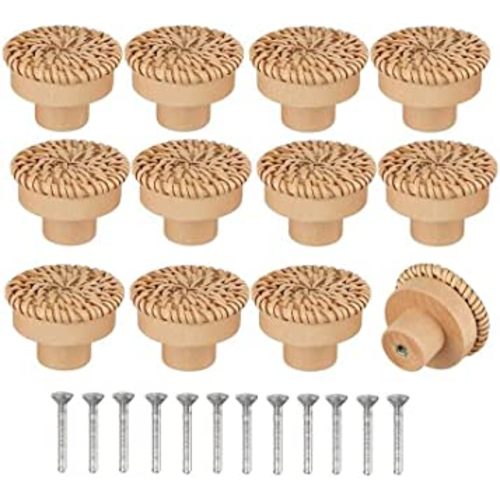 Howepet Boho Dresser Knobs - 12 Pack Boho Rattan Dresser Knobs Round, Handmade Wicker Woven with Screws for Furniture Cabinet Dresser Drawers, 12 Wooden Knobs + 1 Spare Wooden Knob