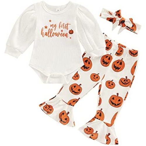 My First Halloween Baby Girl Outfit Puff Sleeve Romper Pumpkin Bell Bottoms Headband Newborn Halloween Clothes Set