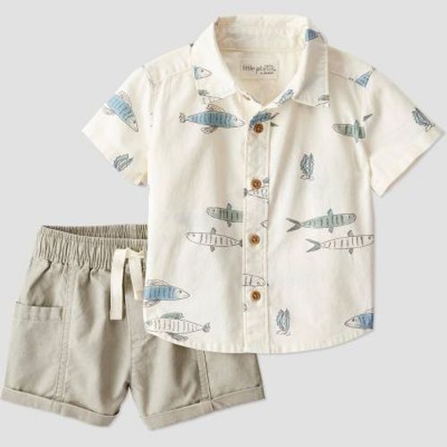 Little Planet by Carter's Organic Baby Boys' Fish Woven Coordinate Set - 12M: Lightweight Linen Blend, Button Down Shirt & Pull-On Shorts