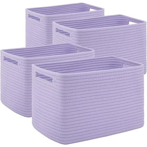 4 Pack Storage Baskets for Organizing Toys, Towels, and Clothes, Woven Basket for Shelves, Sturdy Nursery Cube Bins for Storage, 13''L x9''W x7.8''H, Purple