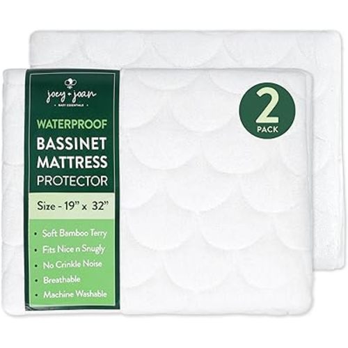 Joey + Joan Waterproof Bassinet Mattress Pad Cover 19" x 32" for Cowiewie Bedside Sleeper Bassinet Sheets – Made from Ultra Soft Bamboo Viscose Terry – 2 Pack