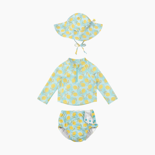 GREEN SPROUTS UPF 50+ Snap Swim Diaper & Rashguard Set with Hat - Aqua Dot Lemons, 0-6 Months