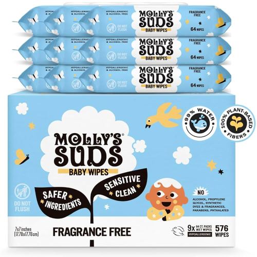 Molly's Suds Sensitive Clean Baby Wipes | 99% Water, Plant-Based, Fragrance Free | 576 Total Wipes (9 Flip-Top Packs)
