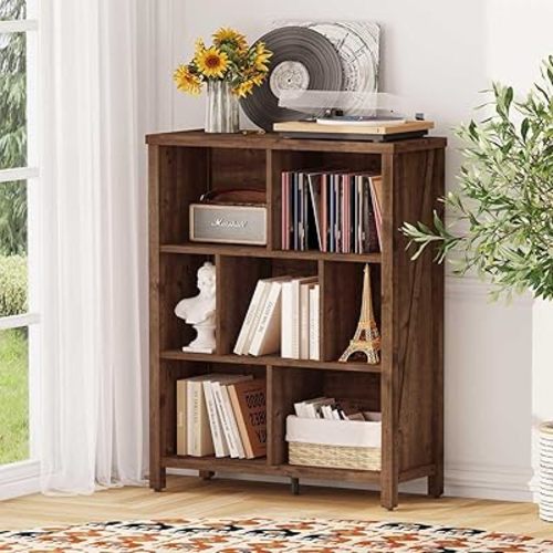 BON AUGURE Cube Storage Organizer, 3 Tier Wood Cube Bookshelf, Farmhouse Cubby Bookcase, Retro Book Shelves for Living Room, Bedroom, Office (Rustic Oak)