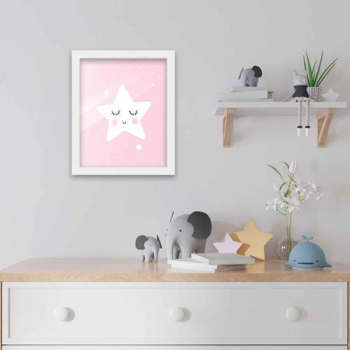 8x10 Framed Nursery Wall Art Sleepy Star Poster in White Wood Frame For Kid Bedroom or Playroom | Stars and Moon Nursery