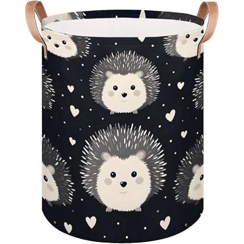 Cute Animal Hedgehog Black Laundry Baskets, Canvas Fabric Laundry Hamper with Leather Handle, Collapsible Toy Storage Organizer Basket for Bedroom Dorms, 80L